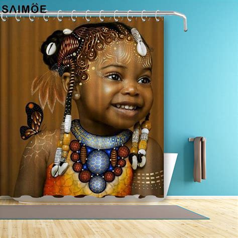 Afro Girls Black African Art American Shower Curtainwaterproof Polyester Fabric Shower