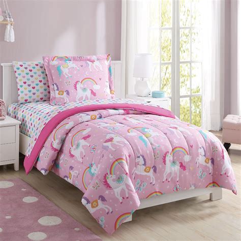 5pcs kids comforter set made using applique embroidery technic. Mainstays Kids Rainbow Unicorn Bed in a Bag Complete ...