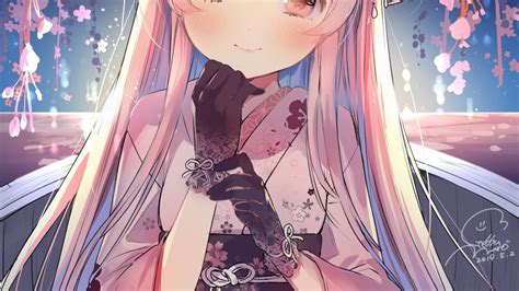 Download 1366x768 Anime Girl Long Hair Kimono Moe Cute Gloves