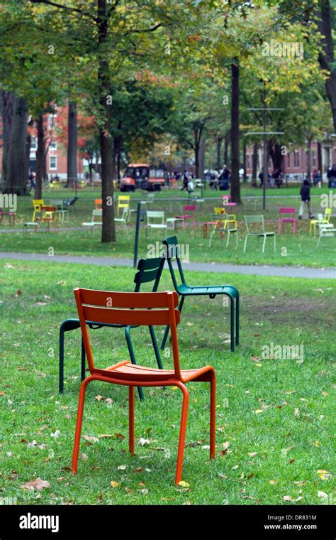 Brightly Coloured Chairs On Grass On The Campus Of Harvard University