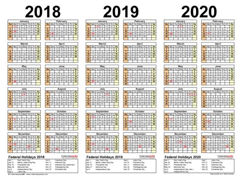 2018 2020 Three Year Calendar Free Printable Excel Templates