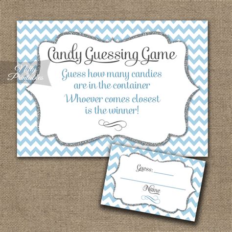 Fill the jumbo baby bottle for baby shower games with your favorite candy! Printable Candy Guessing Game - Blue Chevron
