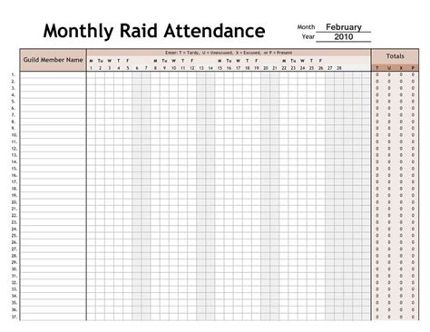 Monthly Calendar Attendance Sheet Attendance Sheet Template