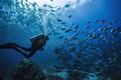 Scuba Diver Swimming Among Schools Of Fish In Tropical Reef Stock Photo
