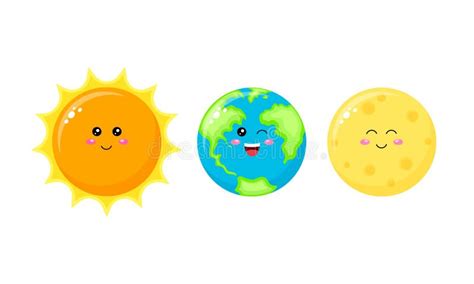 Collection Of Cute Cartoon Character Sun Earth And Moon Stock Vector