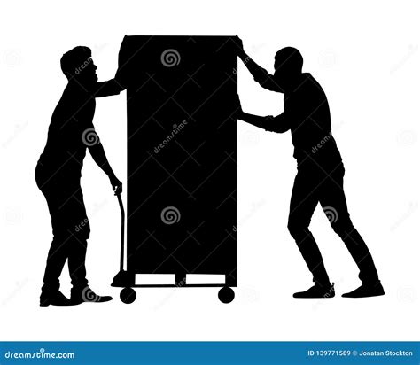 Hard Workers Pushing Wheelbarrow And Carry Big Box Vector Silhouette