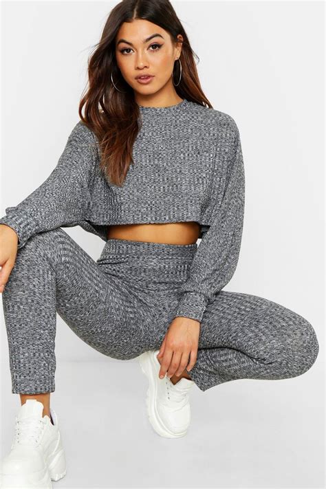 Womens Rib Knitted Oversized Top And Legging Co Ord Grey Sm Cute