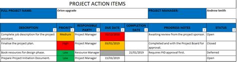 Project Actions Template Excel Template Free Download Excel