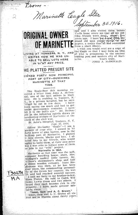 original owner of marinette newspaper article clipping wisconsin historical society