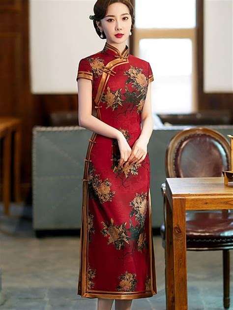 Red Floral Mothers Midi Qipao Cheongsam Dress CozyLadyWear