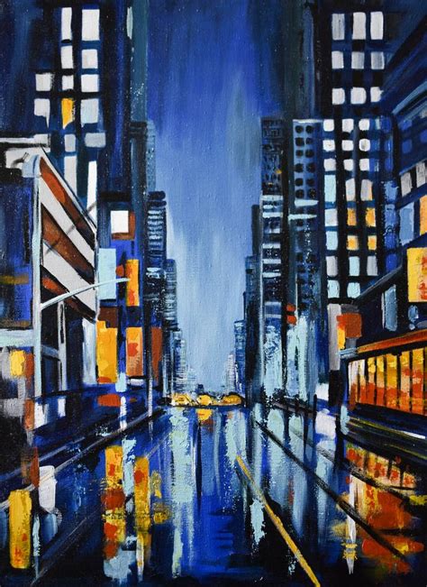 Night City In Blue Light Painting By Elina Zelena Saatchi Art