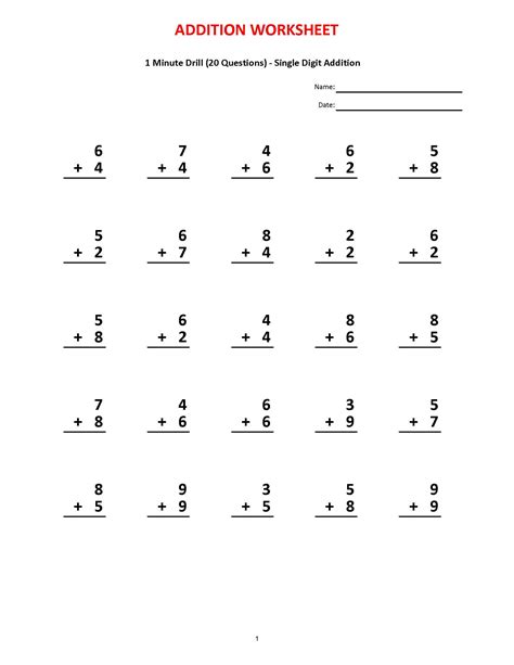 Addition 1 Minute Drill V 10 Math Worksheets With Answerspdf Year 12