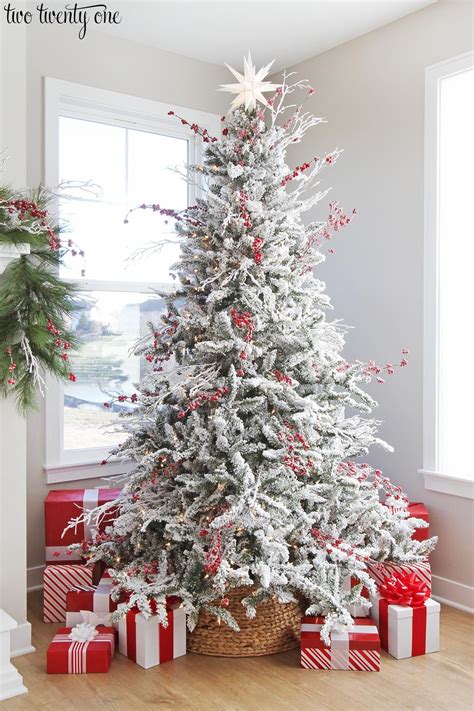 Red And White Flocked Christmas Tree White Flocked Christmas Tree