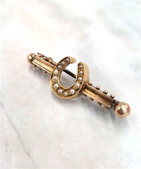 Antique Seed Pearl Horseshoe 9ct Gold Bar Brooch ~ Gem