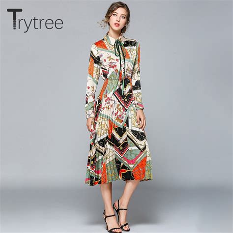 Trytree 2019 Summer Autumn Casual Elegant Dress Bohemian Print Turn