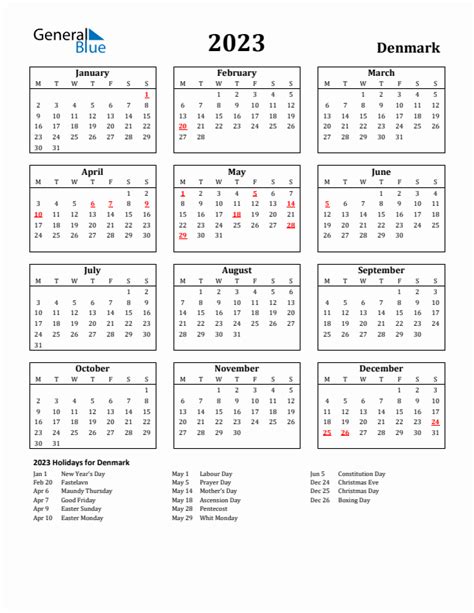 Free Printable 2023 Denmark Holiday Calendar