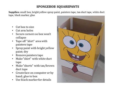 Fold your inch margin down to form tabs to connect the top and bottom pieces. How to make a Spongebob costume from a cardboard box ...
