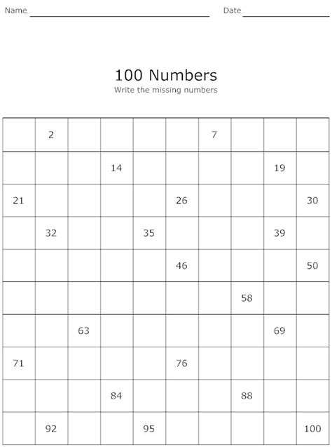 Fill In Missing Numbers 100 Chart