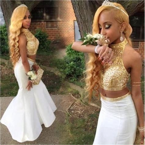 Gold And White African Two Pieces Prom Dresses Mermaid 2017 Beaded