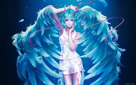 Anime Girl Cute Long Blue Hair Beautiful Angel Wings Dress Vocaloid Wallpaper 1920x1200