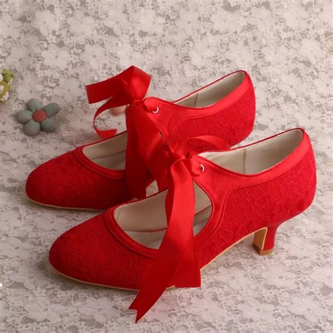 Wedopus Mw306 Wedding Shoes Online Red Lace Satin Low Heels In Womens Pumps From Shoes On