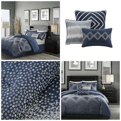 Calming blue tones in the mia blue comforter set create a serene sleepscape. King Size Comforter Set 7 Piece Navy Blue Silver Accents ...