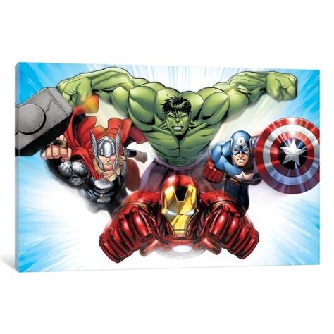 icanvas comics avengers iron man thor hulk and captain america flying by marvel comics