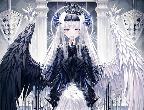 고딕 애니메이션 소녀 로리타 패션 다색 흰 머리카락 날개 천사와 악마 애니메이션 HD 배경 화면 SmartResize