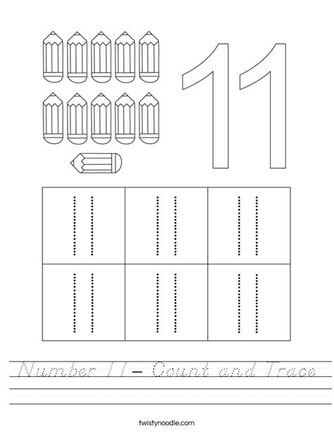 Number 11 Count And Trace Worksheet Dnealian Twisty Noodle