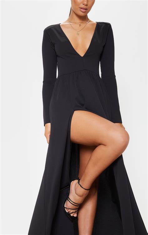 Black Long Sleeve Plunge Maxi Dress Dresses Prettylittlething Ca