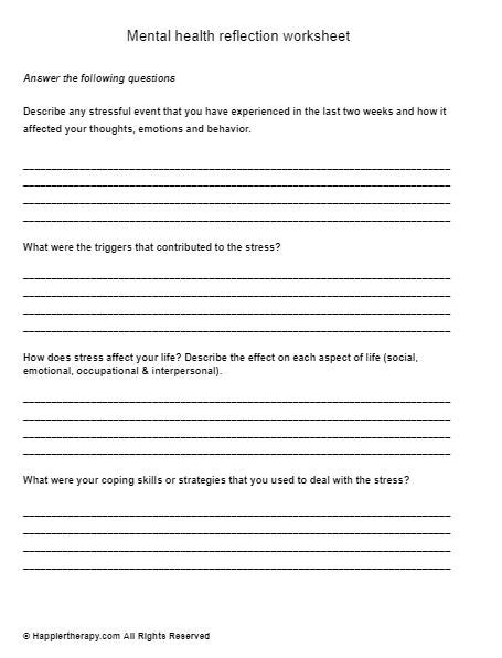 Mental Health Reflection Worksheet Happiertherapy