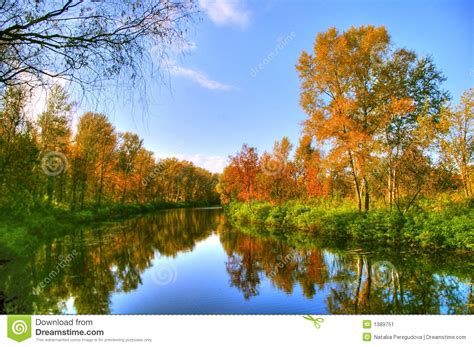 Picturesque Autumn Landscape Of Steady River And Bright Trees Stock