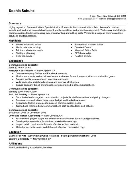Both of these kinds of resumes focus on your previous work experiences. Best Communications Specialist Resume Example | LiveCareer
