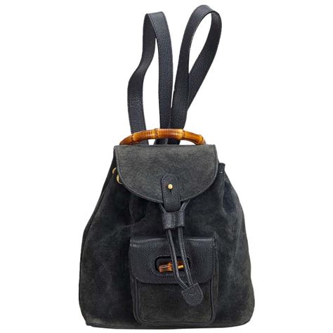 Gucci Black Suede Leather Bamboo Drawstring Backpack Italy For Sale At