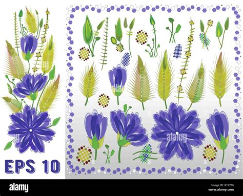 Floral Elements Set With Violet Daisy Type Flowers Leaves And Buds