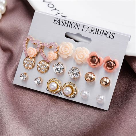 9 Pairs Fashion Earrings Sets Rhinestone Crystal Pearl Ear Studs For