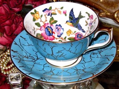 Aynsley Bird And Pink Floral Turquoise Gold Tea Cup And Saucer England