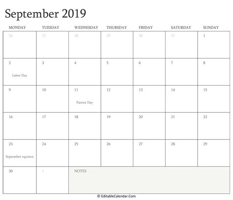 Editable Calendar September 2019