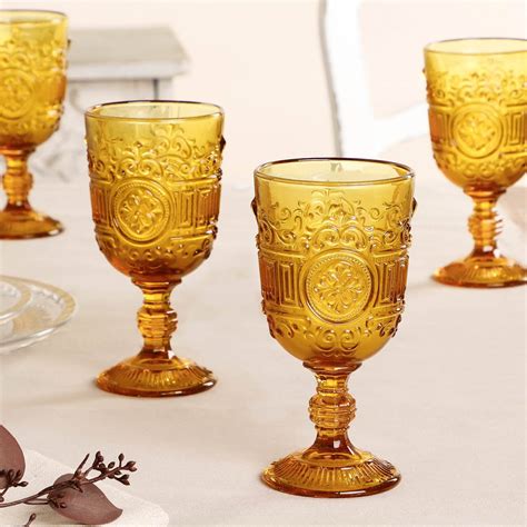 Set Of Four Amber Embossed Wine Glasses By Dibor