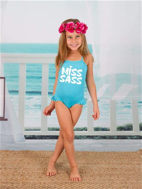 Girls Turquoise Flutter Sleeve Miss Sass Side Ruffle One Piece Swimsuit