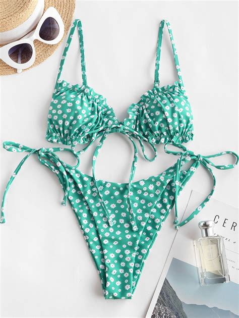 14 Off 2021 Zaful Ditsy Floral Frilled Tie Front String Bikini