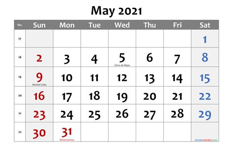 Editable May 2021 Calendar Template Nocd21m17