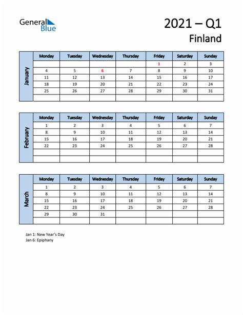Three Month Calendar For Finland Q1 Of 2021