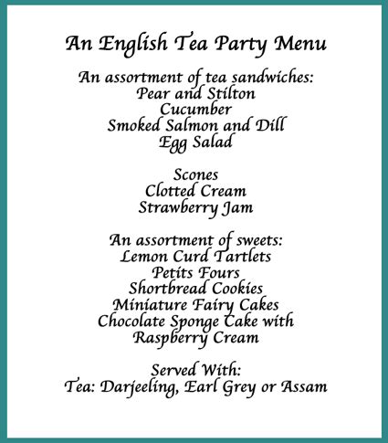 Apart from a traditional sunday lunch, in england the evening meal (called variably dinner or supper or tea) tends to be the main meal of the day. Here's our suggestion for a traditional English tea party ...