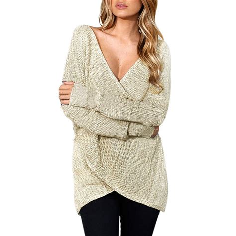 New Women Knitted Sweater Sexy Cross Deep V Neck Long Sleeve Solid