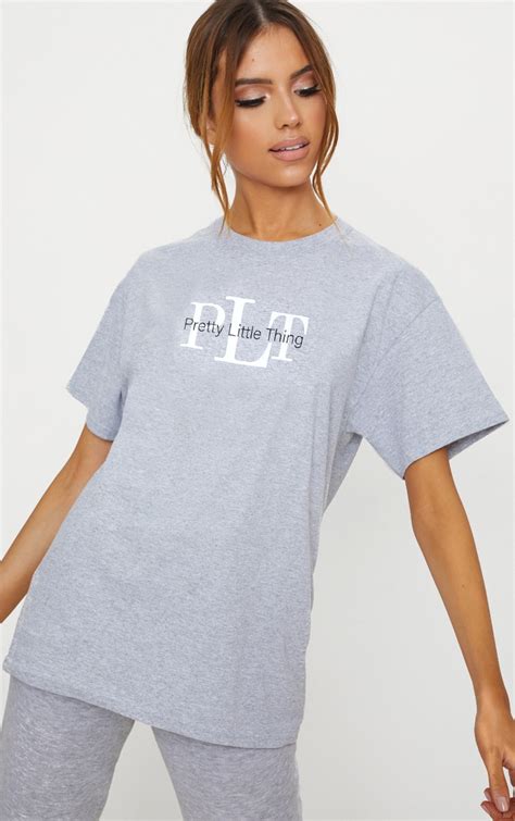 Prettylittlething Grey Oversized Slogan T Shirt Prettylittlething Ie