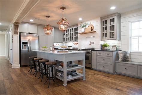 Ceiling is 1×8 ship lap pine, painted with an off white paint then applied a stain wax called classic wax. Fixer Upper | Copper accents, Gray cabinets and Ashley green