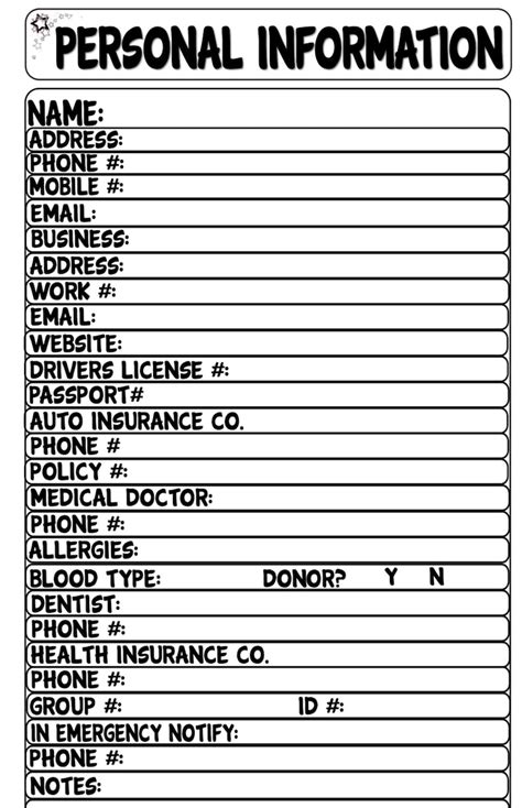 Personal Information List Planner Insert Black And White Print Etsy