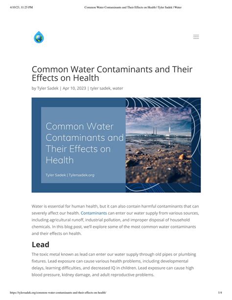 Tyler Sadek Common Water Contaminants And Their Effects On Health By