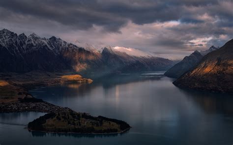 New Zealand Sun Rays Mountains Snowy Peak City Clouds Lake Queenstown Water Landscape
